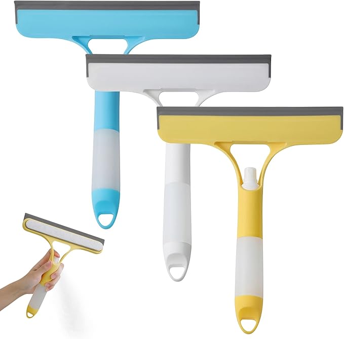 New 3-in-1 Window Squeegee Cleaner with Built-in Spray Bottle & Brush - Refillable for Shower Glass, Mirrors, Car Windows - All-Purpose Streak-Free Cleaning Tool