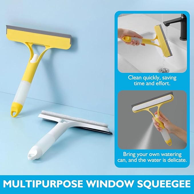 New 3-in-1 Window Squeegee Cleaner with Built-in Spray Bottle & Brush - Refillable for Shower Glass, Mirrors, Car Windows - All-Purpose Streak-Free Cleaning Tool