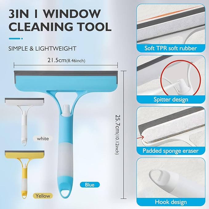 New 3-in-1 Window Squeegee Cleaner with Built-in Spray Bottle & Brush - Refillable for Shower Glass, Mirrors, Car Windows - All-Purpose Streak-Free Cleaning Tool