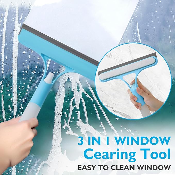 New 3-in-1 Window Squeegee Cleaner with Built-in Spray Bottle & Brush - Refillable for Shower Glass, Mirrors, Car Windows - All-Purpose Streak-Free Cleaning Tool