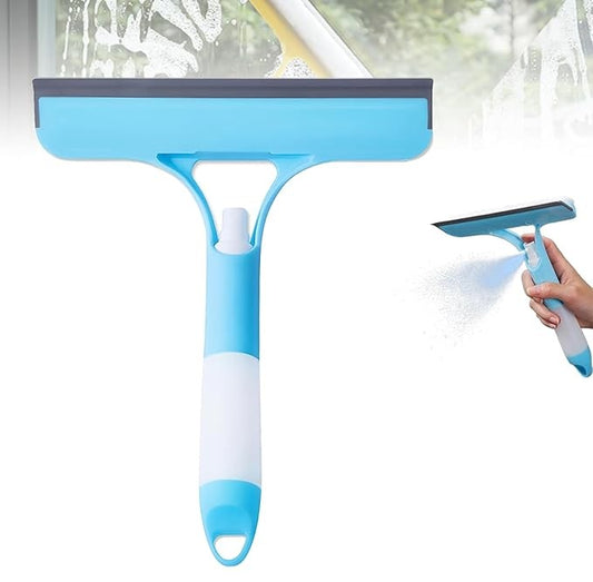 New 3-in-1 Window Squeegee Cleaner with Built-in Spray Bottle & Brush - Refillable for Shower Glass, Mirrors, Car Windows - All-Purpose Streak-Free Cleaning Tool
