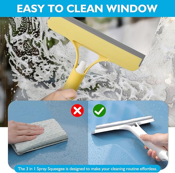 New 3-in-1 Window Squeegee Cleaner with Built-in Spray Bottle & Brush - Refillable for Shower Glass, Mirrors, Car Windows - All-Purpose Streak-Free Cleaning Tool